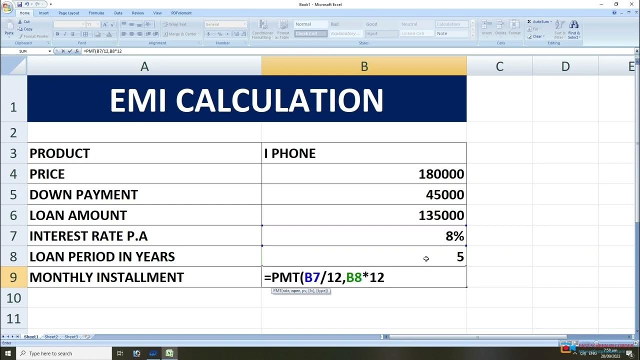 EMI FORMULA, PMT FORMULA IN EXCEL EMI कैसे निकाले। YouTube