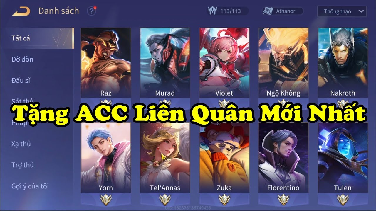 Tặng ACC Liên Quân Mới Nhất – Tặng Nick Skin Vip, 113 Tướng Và Trắng Thông Tin 100%