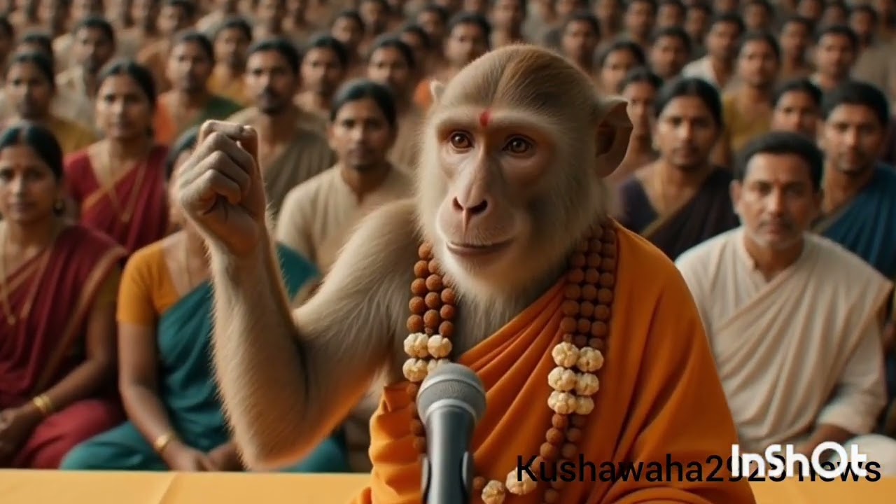 तेजी से वायरल हो रही इस तस्वीर में एक बंदर साधु के वेश में मंचसे प्रवचन देता दिखाई दे रहा है।#bandar