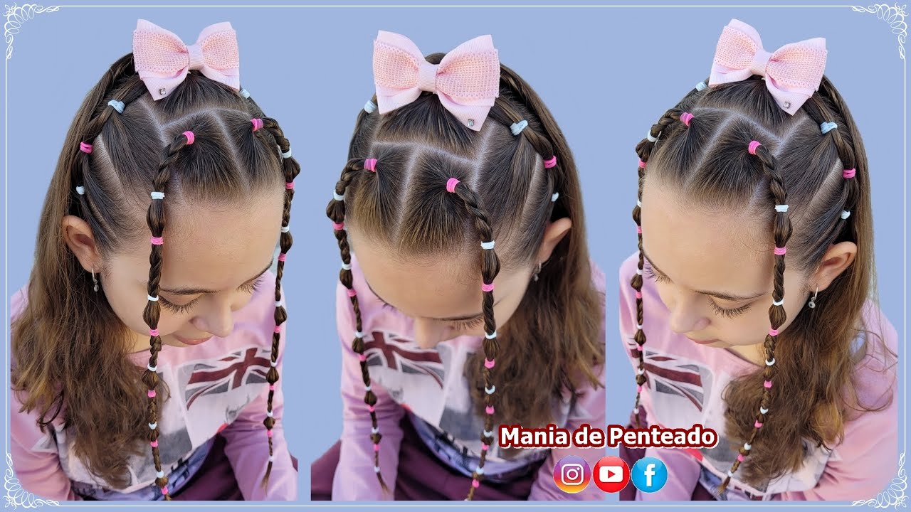 Mania de Penteado - Penteado lateral fácil com elásticos coloridos,  amarração e trança bolha.🌷😍💕 Link para o vídeo com passo à  passo:👇🏼👇🏼    Clique no link