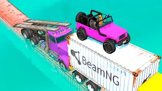 Cars Vs Container Bridge And Deep Water  Container Truck And Rdan Truck Car Rescue  Beamngdrive