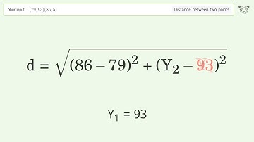 Find the distance between two points p1 (79,93) and p2 (86,5): Step-by-Step Video Solution