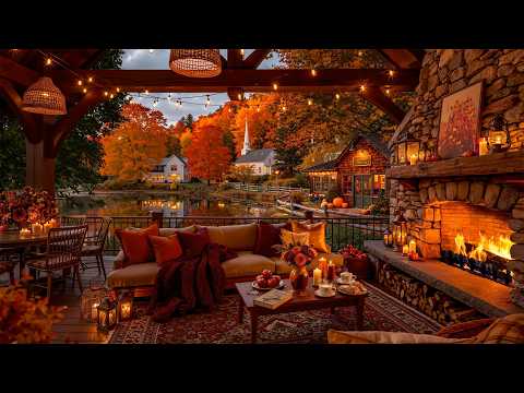 Soft Jazz on a Cozy Fall Porch 🍂 Crackling Fireplace, Falling Leaves & Peaceful Lakeside Town Views