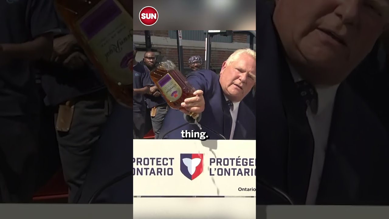 Ontario Premier Doug Ford Pouts Out A Bottle Of Crown Royal Whisky To Protest Plant Closing 