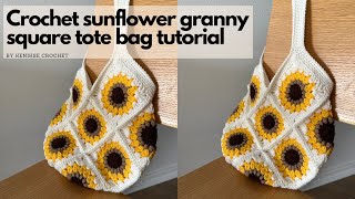 Crochet sunflower granny square tote bag tutorial I Kenikse Crochet