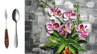 Challenge #14 | Paint modern Orchid Flowers with a Palette Knife and a Spoon - Acrylic Painting