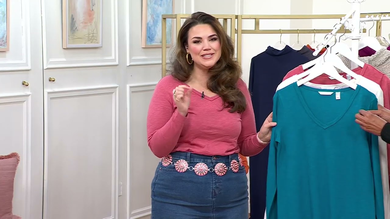 Denim & Co. Canyon Retreat Raw Edge Long Sleeve V-Neck Top on QVC