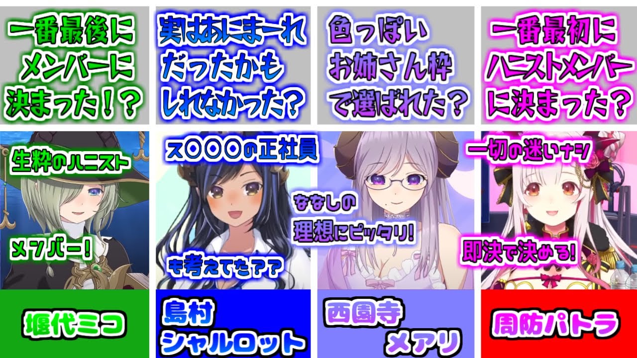 ◎ハニストに入るか入らないか？ハニストメンバーに決まった経緯と出来事！『それぞれの分岐点』【周防パトラ/西園寺メアリ/堰代ミコ/島村シャルロット】ハニスト・774inc切り抜き。