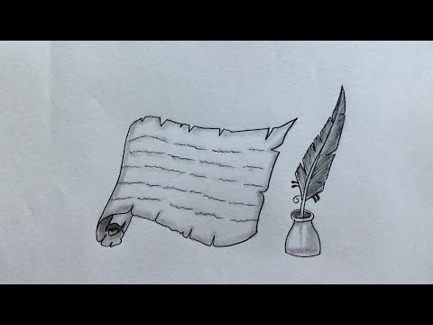 How to draw parchment and feather pen - Easy drawing tutorial for beginners - Pencil drawing