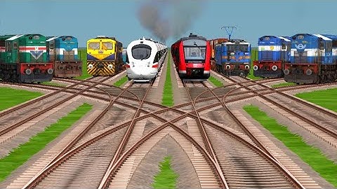 EIGHT TRAINS CROSSING AT FORKED RAILROAD TRACKS - INDIAN RAILWAYS - TRAIN TRAINS TRAINZ