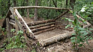 building Abandoned underground  log cabin , hard work and bad weather