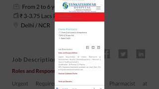 Vacancy of Experienced Pharmacist in Venkateshwar hospital dwarka delhi.  pharmacistvacancy2023