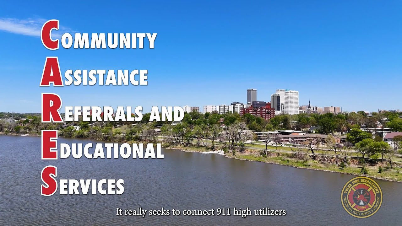 Downtown Tulsa skyline as seen from the river with a text overlay that says, Community Assistance Referrals and Educational Services