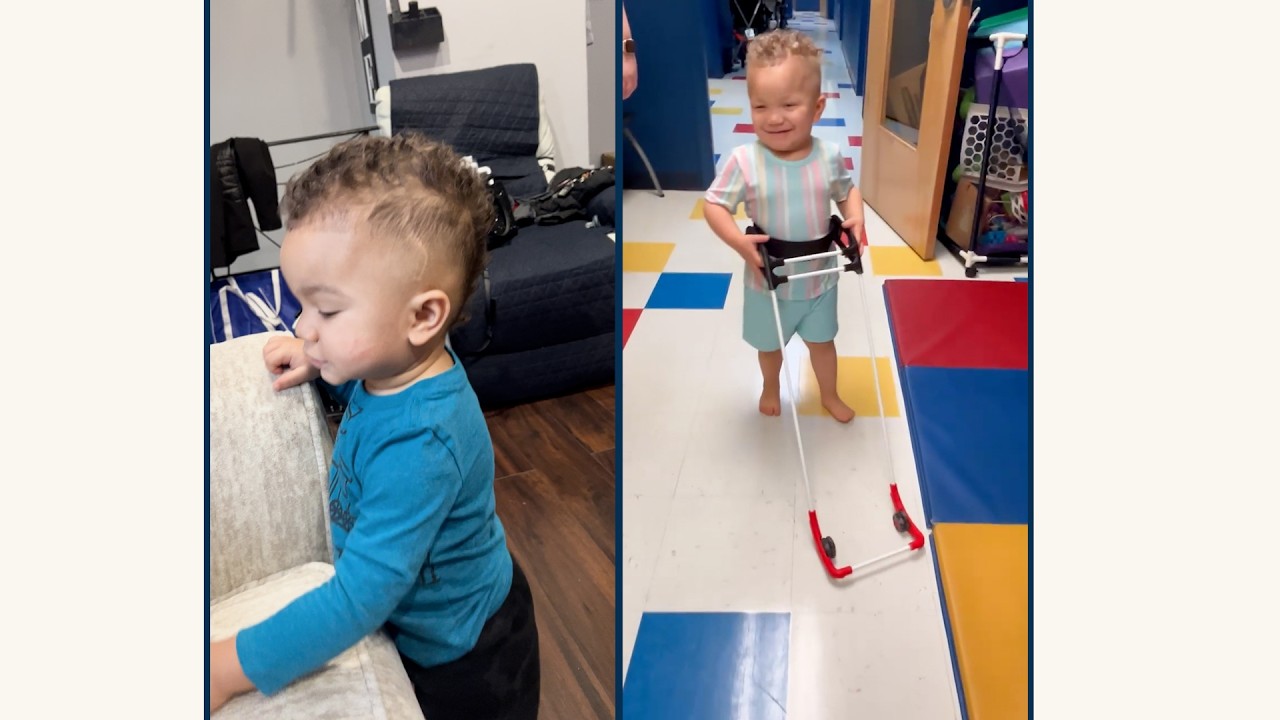 split screen, on left Liam without a mobility tool stands holding on to a couch, right he walks through his school wearing a Belt Cane and a big smile