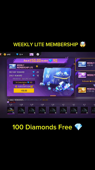 Weekly elite member ship ✅ 1st subscription 100 Diamonds free 😱just 50 Rupees #freefire #ff #foryou
