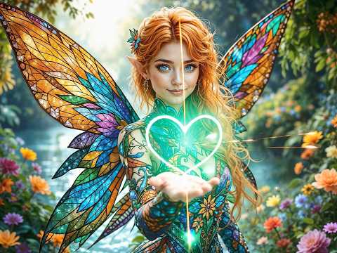 Fairy radiating love with emerald hearts