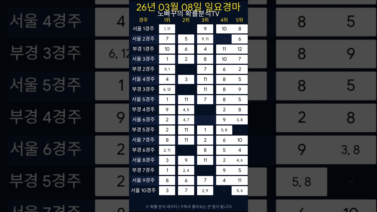 260308 (일 ) 일요경마 핵심 5두 마번 체크! 🚀 노빠꾸의 확률분석가TV와 같이하면 대박! |#대박기원 #경마 #경마분석 #일요경마 #서울경마 #부경경마 #경마적중 #쇼츠
