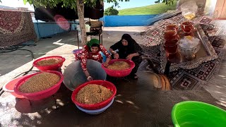 Washing the wheat and drying them and making fire tea by the nomadic family