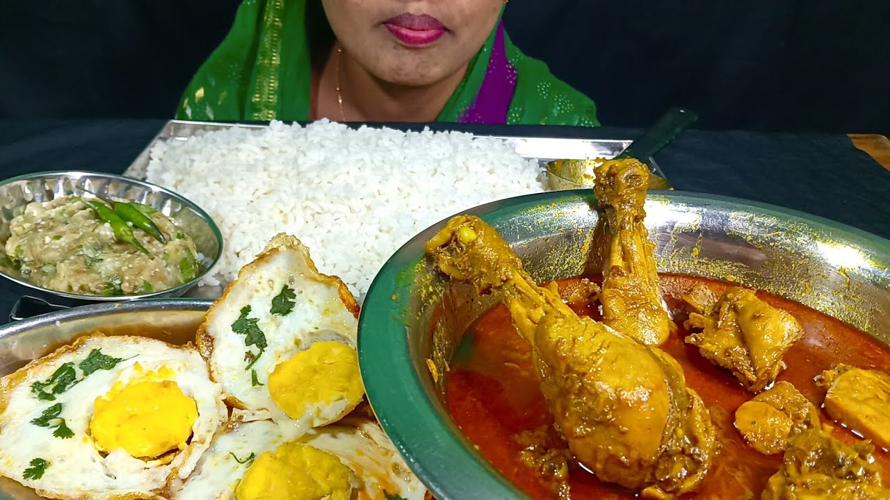 EATING SPICY 🔥 CHICKEN KOSHA, EGG OMLETTE, BEGAN BHARTA WITH RICE, EATING SHOW, MUKBANG, ASMR 