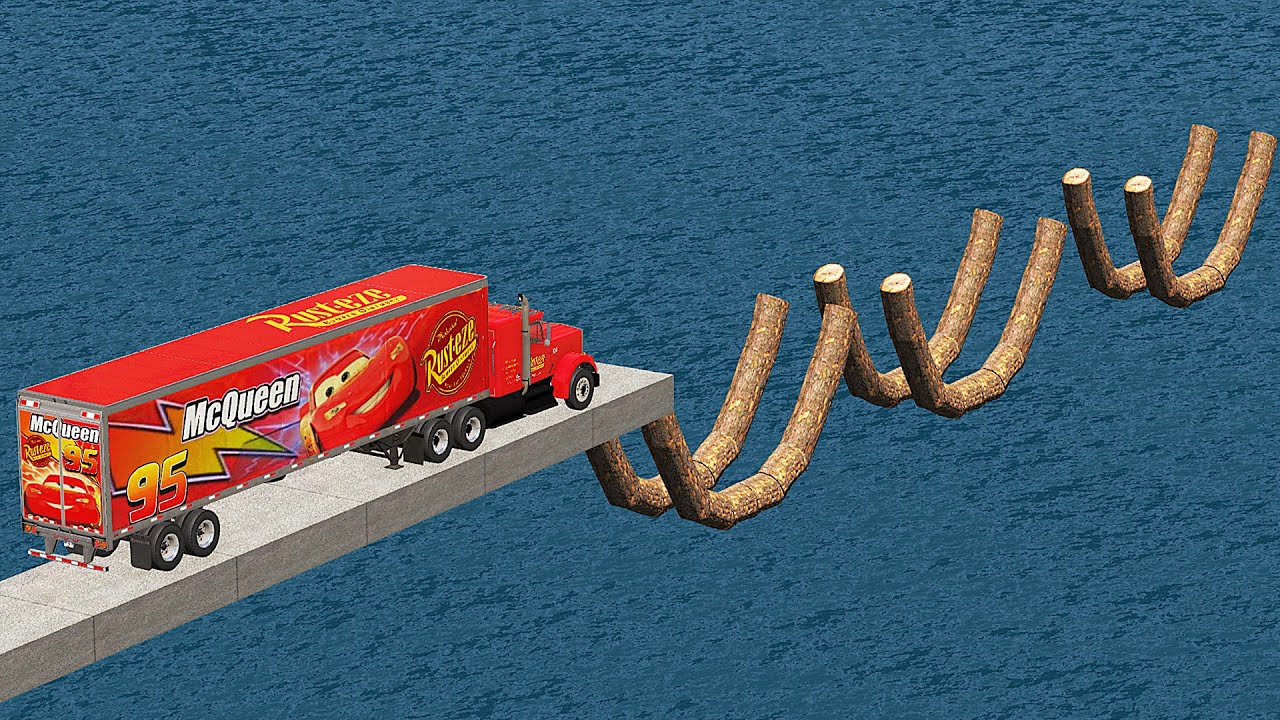 Mack Truck vs Crazy Incomplete Log Bridge Crossing Deepwater - BeamNG.Drive