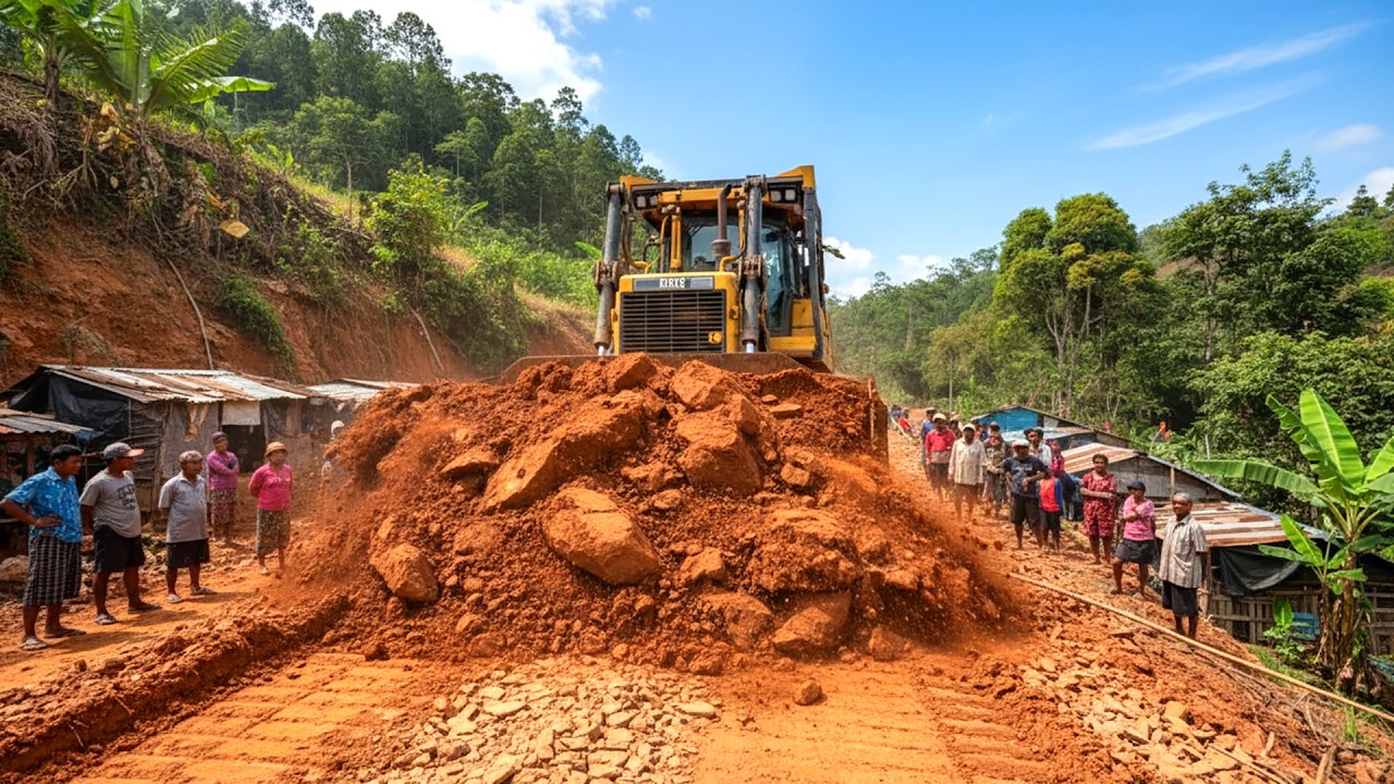 Extremely A Massive Bulldozer Building Road on Steep Mountain Cliffside & Transportation Access Road