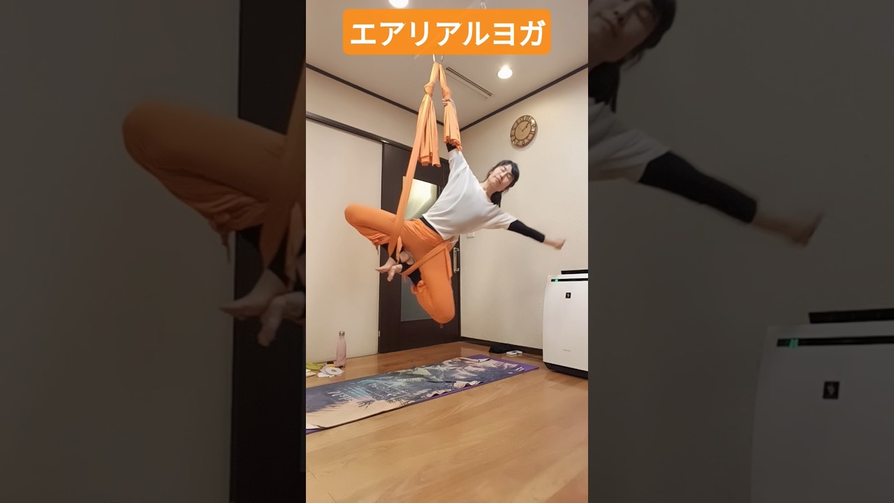 【#エアリアルヨガ 】1本足、合せきのポーズ #ヨガ #ハンモック