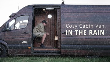SOLO Van Camping in the RAIN [ Interesting Cabin Van with a Fireplace | Cozy Van Life ASMR ]