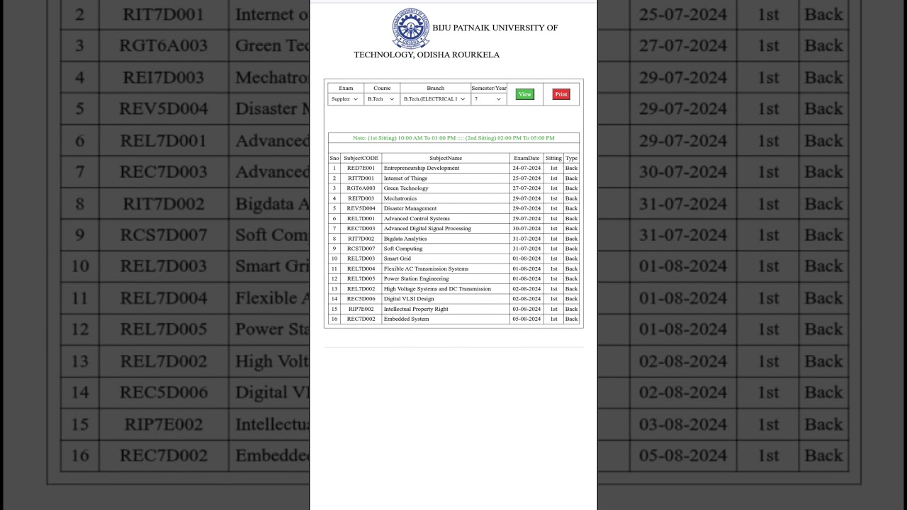 BPUT SUPPLEMENTARY EXAM SCHEDULE FOR ELECTRICAL ENGINEERING 2024 7TH SEM