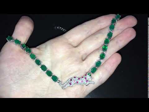 Серебряное колье Пантера с зелёным агатом