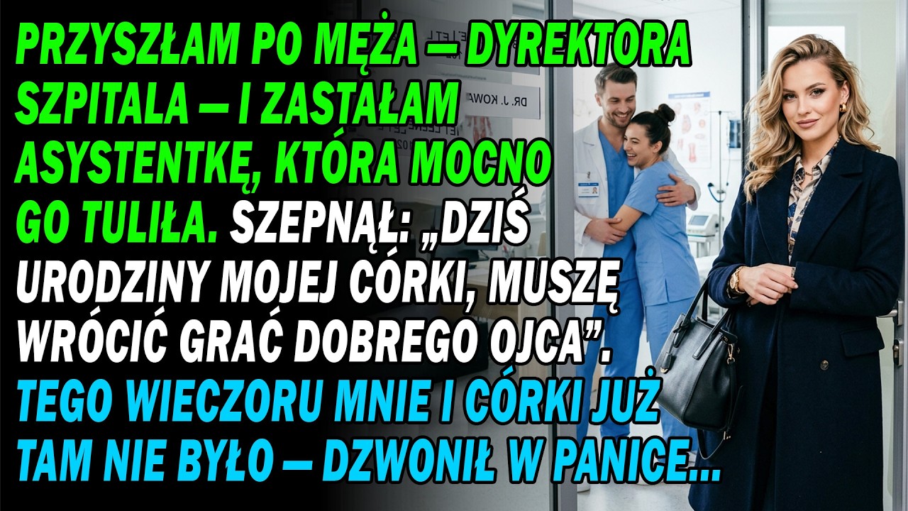 Stałam pod drzwiami szpitalnego gabinetu męża, trzymając tort dla mojej córki. Usłyszałam głos jego asystentki: „Nie możesz wrócić później”. A potem jego głos, tak czuły, jak nigdy do mnie:...