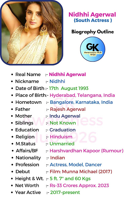 🎬Nidhhi Agerwal (South Actress) Biography: #shorts #short #youtube #ytshorts #biography #nidhinarwal
