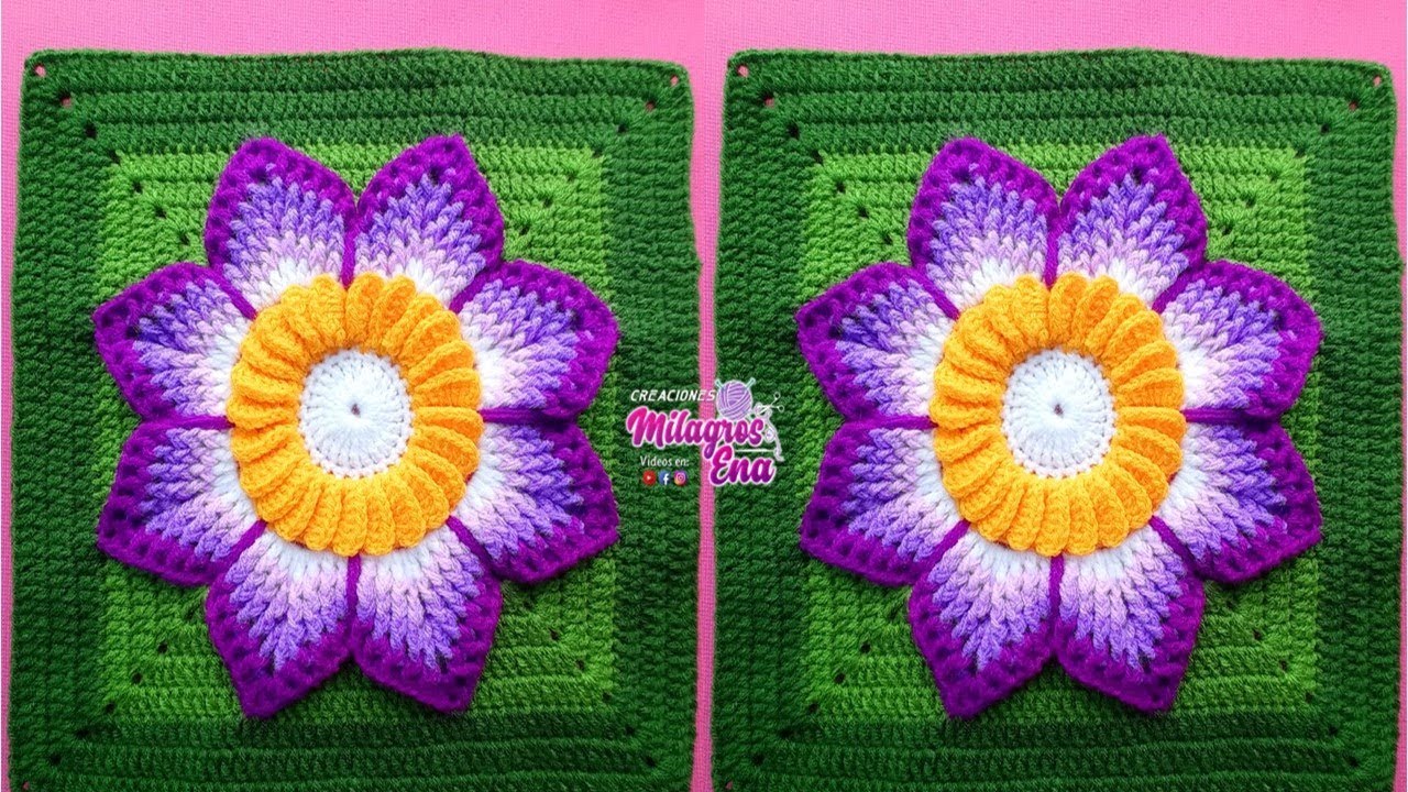 Como tejer el Cuadrado de colores N° 44 o muestra con flor en 3D a crochet para colchas y cojines