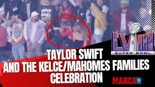 Taylor Swift & the Kelce/Mahomes families celebrating wildly after the Chiefs' Super Bowlwinning TD