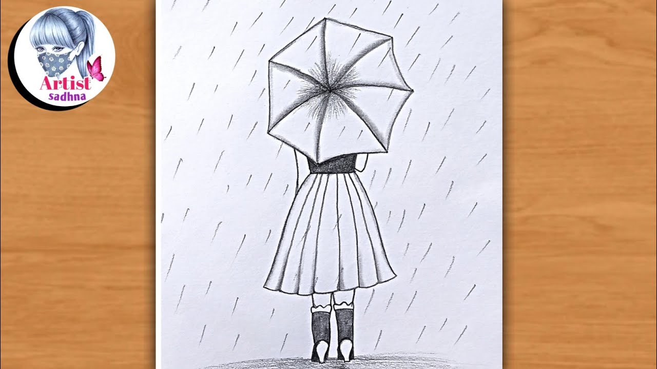 Girl with umbrella drawing easy steps // Easy drawing for beginners // Girl drawing backside
