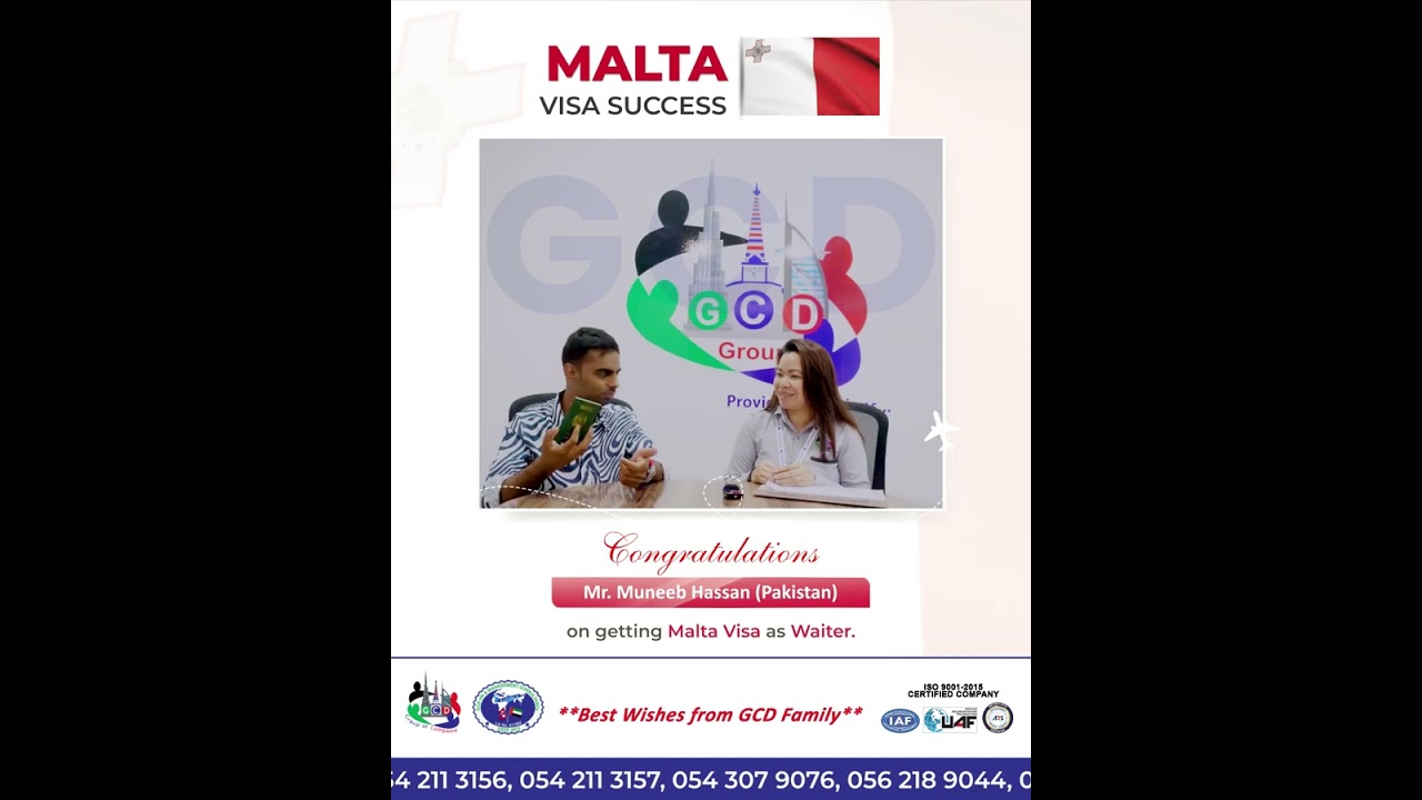 Congratulations, Mr. Muneeb Hassan from Pakistan on getting a visa for Malta as Waiter.
