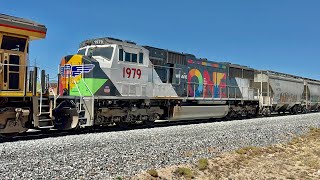 UP SD70M 1979- We Are One Commemorative Locomotive pulls onto siding, Queen Creek AZ 4-26-23