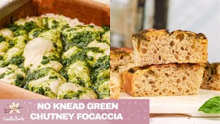 Easy No Knead Green Chutney Foccacia Soft fluffy big air pockets without bread flour or stand mixer