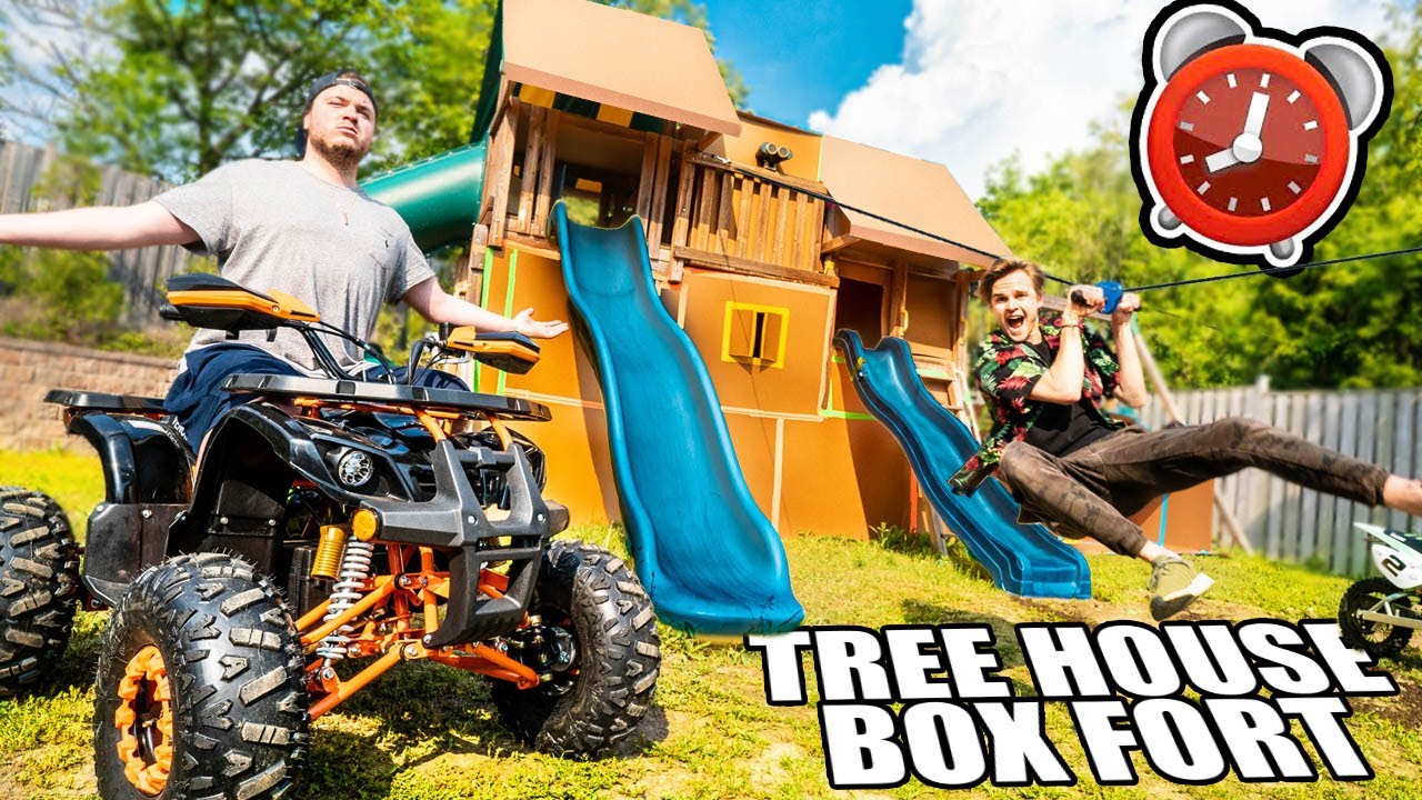 24 Hour 3 Story Box Fort TreeHouse! Zip Line, ATV'S & Gaming RooM