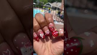 Cute Nail Art Design: Hello Kitty and Strawberries#nailart #hellokitty #strawberrynails