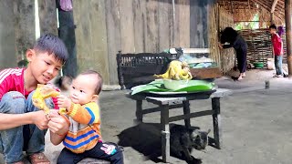 The boy worked hard to make food for the pigs and chickens, and was happy when the baby ate