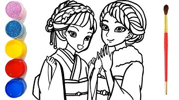 Vẽ công chúa elsa và anna trong trang phục Nhật Bản | Bé tập vẽ | Bé tập tô màu