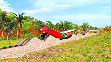 2 TRAINS VS SPEED BUMP #7 | TRAINS JUMP UP AND DOWN ON RISKY BUMPY FORKED RAILROAD TRACK