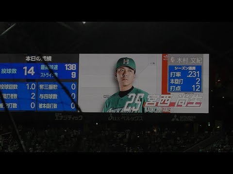 ＜2019.5.10西武戦7回裏＞中田の打席だが、大型ビジョンに宮西の映像が流れ、慌てて素振りを始めた模様