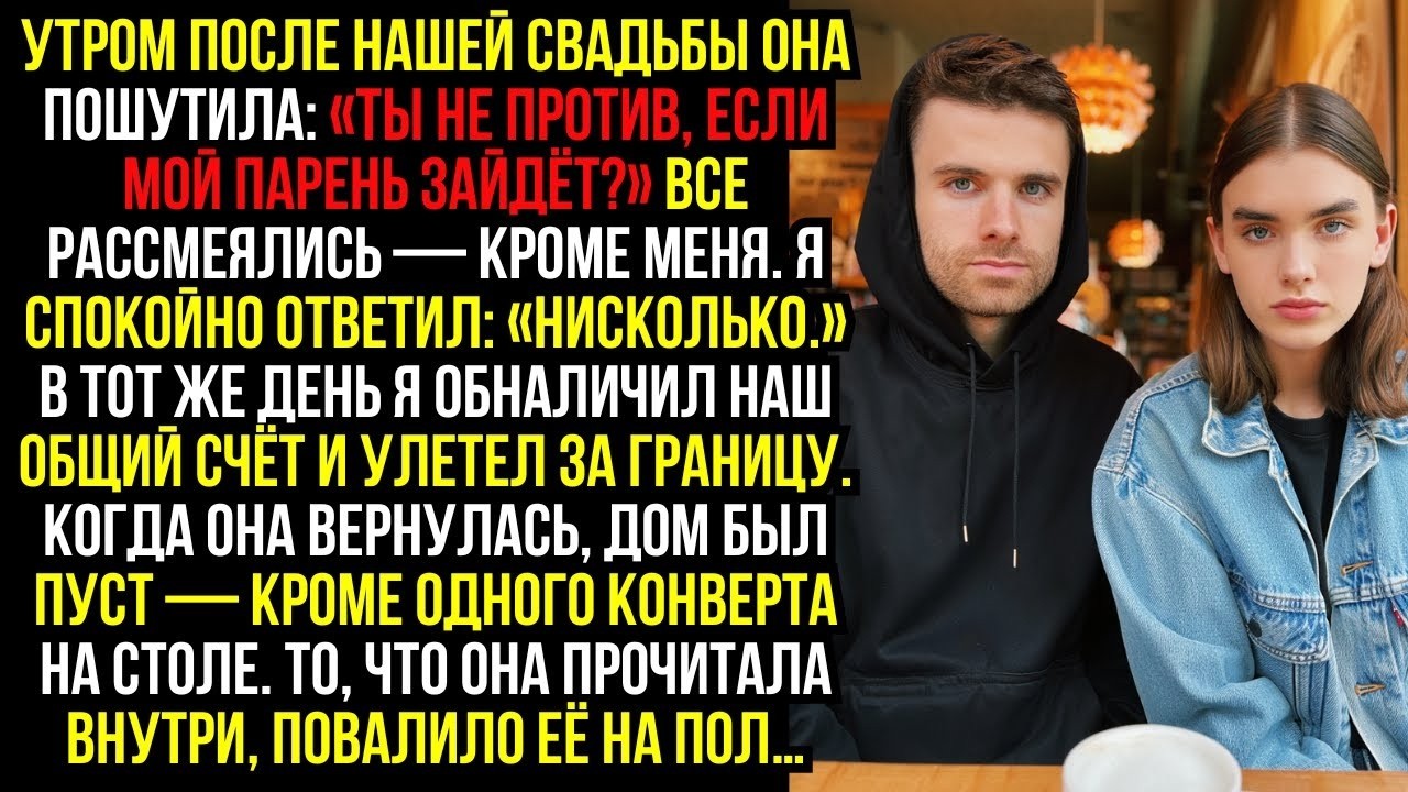 Утром после нашей свадьбы она пошутила: «Ты не против, если мой парень зайдёт?» Все рассмеялись...