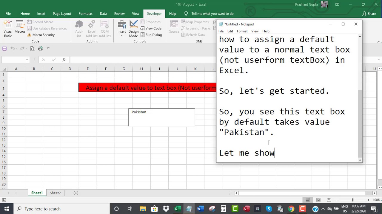 Assign default value to Text Box (also UserForm TextBox) in Excel - YouTube