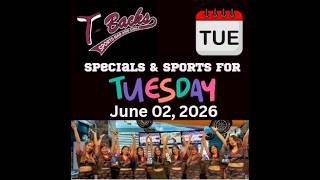 T-Backs Sports Bar and Grill Sports Schedule and free beer/soda for Tuesday June 02, 2026