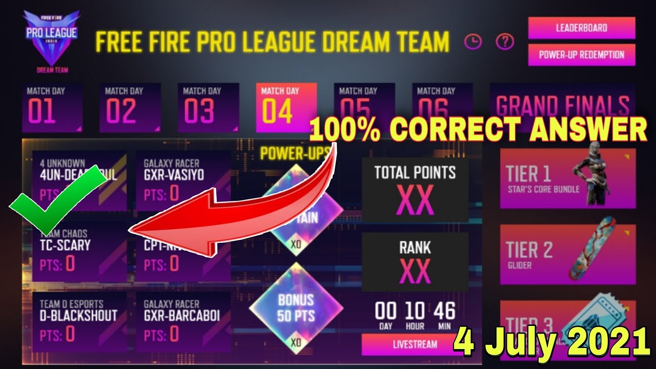 Answers Of Free Fire Pro League Dream Team Questions | Match Day 4 Question