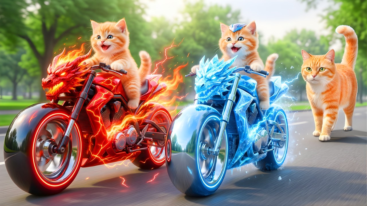 Kittens Drive Epic Fire & Ice Bikes🔥❄️🏍️on a Revenge Mission to Rescue Mama Cat from a Bully💥🐱