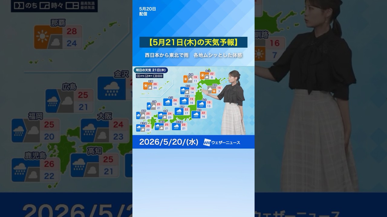 【5月21日(木)の天気予報】明日は西日本から東北で雨　局地的には雷を伴って強く降るおそれ #通勤タイパ #news #明日の天気