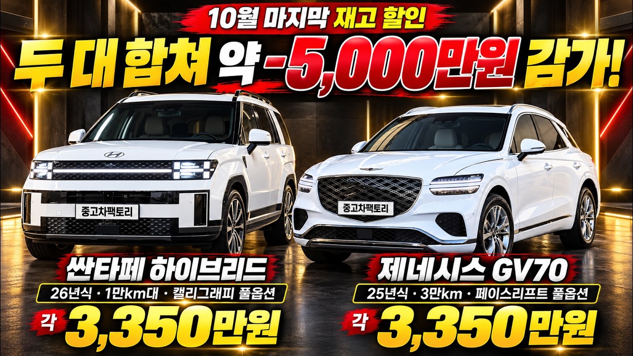 10월 마지막 차량 2대 긴급재고 할인 두대 합쳐서 약 -5000만원 감가!!26년 1만km 산타페 하이브리드 캘리그라피  VS 25년 GV70 신형 페리 모델 3만km